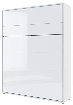 Arthauss Vertical Wall Bed Concept with Storage and Gas Lifting Mechanism - 160cm White Gloss Multifunctional Fold Down Bed with Shelves