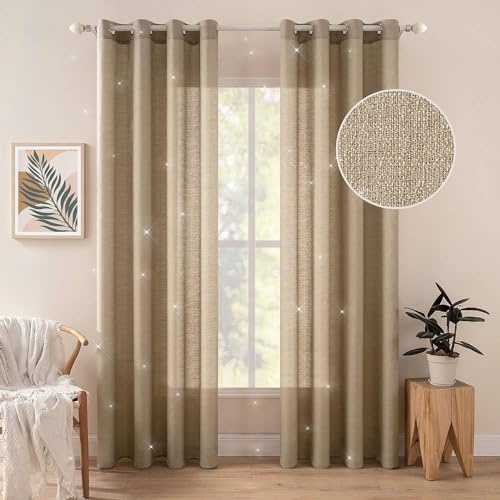 MIULEE 2 Pezzi Tende Trasparenti Voile per Finestre Casa in Poliestere Lino per Cameretta Bambino Soggiorno con Occhielli 140X280 CM Cachi