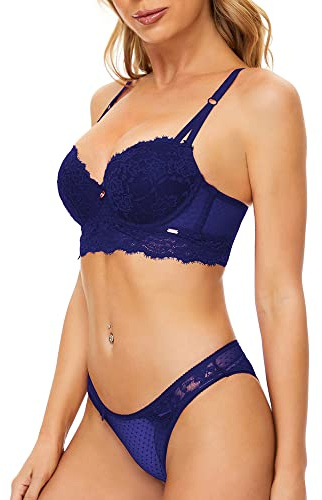 SHEKINI Femme Ensemble de Lingerie Sexy Push Up Soutien-Gorge avec Armatures Dentelle Florale et Taille Basse Slip sous Vetements Feminins 2 Pieces