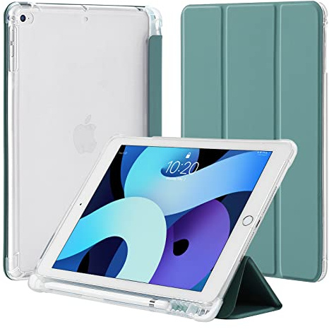 4UBonLife Case for iPad 6th / 5th Generation 9.7 inch 2018 2017 with Pencil Holder, Compatible with iPad Air 2/1, Slim Lightweight Soft TPU Case, Translucent Frosted Back Cover Shell, Night Green
