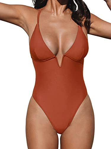 CUPSHE Women Swimsuit One Piece Bathing Suit Deep V Neck Crisscross Back Adjustable Strap, S Brick Red