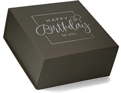 Premium Geschenkbox Geburtstag, Geschenkkarton, Magnetbox, Magnetfaltbox, Geschenkverpackung für Geburtstag mit Schriftzug, 22x22x10cm, Taupe matt mit Silber