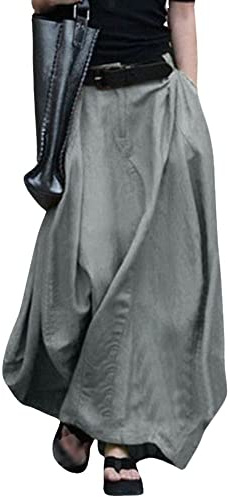 ThreeH Femmes Taille Haute Jupe Ligne Flowy Longue Jupe Maxi avec Poches pour Printemps Automne Hiver, Gris, L