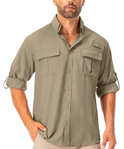 Asfixiado Hemd Herren Safari UPF50+ UV Schutz Wanderhemd Herren Langarm Funktionshemd Outdoorhemd Atmungsaktiv Schnelltrocknend Casual Button Down Shirts(Khaki XL)