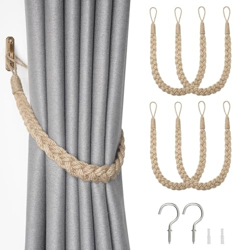 NICEEC 4 Pack Natural Jute Rope Curtain Tiebacks Boho Rustic Style Decorative Drape Tie Backs Elegant Hand-Woven Rope Curtain Holdbacks with Metal Hook for Home & Office Drapery (Jute-Twist-N)