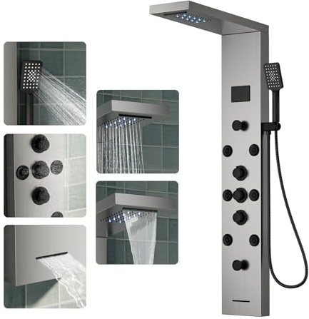 5 In 1 Shower Panel Tower System, 304 Stainless Steel LED Rainfall Shower Head with 8 Massage Body Jets, 3 Functions Handheld Head and Tub Spout for Home Hotel Bathroom Lavatory, Brushed Nickel