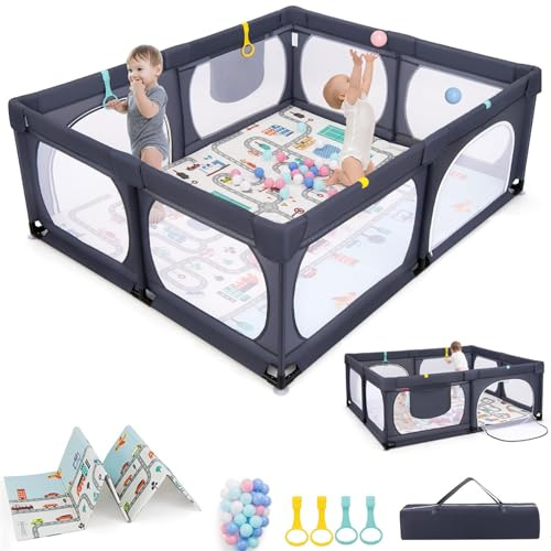 RELAX4LIFE Parque Infantil Bebe con Tapete, 4 Anillas, 50 Bolas Oceánicas y Bolsa de Transporte, Corralito Bebe con Malla Transpirable para Bebés 0-6 Años, 189x158cm (Gris Oscuro)