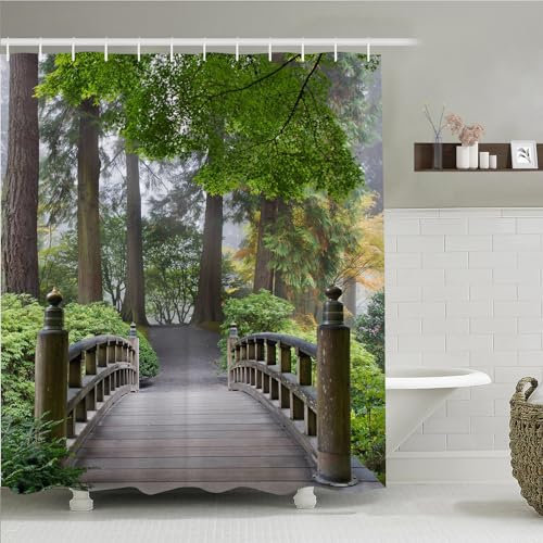 Simpomsy Japanese Shower Curtain Morning Foggy Wooden Bridge Japanese Garden with Various Types of Trees Polyester Fabric Shower Curtain Green with 12 Hooks 200x180cm