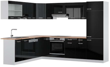 Vicco Eckküche R-Line, Schwarz Hochglanz/Weiß, 287 x 60 cm, AP Eiche, mit modularen Elementen flexibel erweiterbar