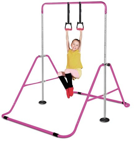 Triclicks Barre de gymnastique pour enfants, avec anneaux de gymnastique, pliable, équipement d'entraînement horizontal, pour l'intérieur, l'extérieur, la maison, le jardin (rose)