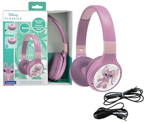 LEXIBOOK, Disney Stitch, Angel - Auriculares 2 en 1 con Cable y Bluetooth con micrófono y Botones de Control, Plegables y Ajustables, batería de Larga duración, Rosa, HPBT010D1