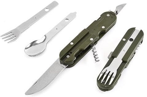 Xiciki 5-in-1 Bundeswehr Besteck, Gipfelwerkzeug Gipfelgaudi, Klappbesteck, Feld Geschirr, Camping Besteck, Bundeswehr Gabel,Campingbesteck,Bundeswehr Ausrüstung für Camping, Wandern und Reisen