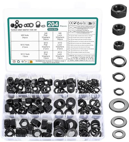 Juego de 204 tuercas hexagonales M8 M10 M12 y arandelas planas, surtido de arandelas de seguridad y anillos de resorte: 68 arandelas, 68 arandelas de resorte, 68 tuercas autoblocantes para tornillos