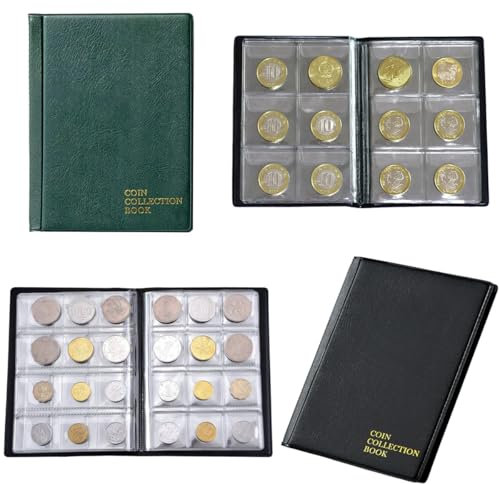 WWYSSZ Raccoglitore Monete da Collezione, 2 libri Album Monete da Collezione, 120 Tasche 3 X 3 cm + 60 Tasche 4.5 X 4.5 cm, per Collezionisti, Raccolta Album Libro, Porta Monete (Verde + Nero)