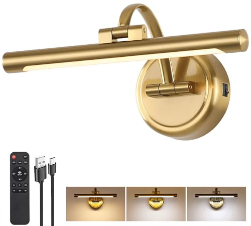 Rechargeable Picture Light for Wall, Dimmable Art Lights for Painting, Battery Operated Wall Sconce with Remote, 3 light Color,Timer & Brightness Setting for Artwork, Gallery(Brass, 12inch)