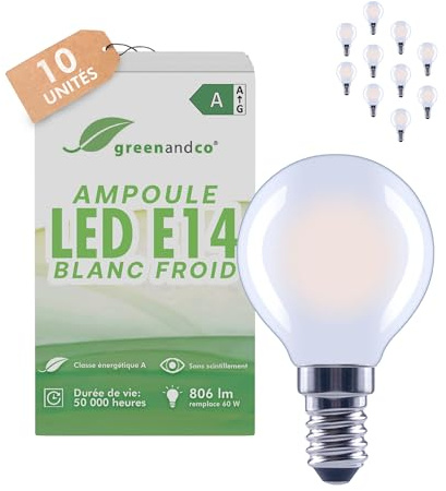 greenandco 10 x LED-filamentlampa | frostad | E14 G45 | 3,8 W 806lm | ersätter 60W | 6 500K kallvit | 320° | 230 V | flimmerfri | energiklass A | ej dimbar