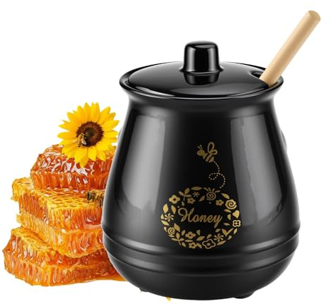 Wozzies 300ml Pot Miel Porcelaine, Pot à Miel avec Cuillere, Distributeur Miel Adapté pour le Stockage et la Distribution de Sirop D'érable, de Confiture et de Sirop de Café (Noir)