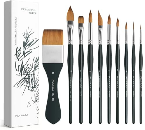 Fuumuui 10PCS Professional Watercolour Brushes, Synthetic Kolinsky Sable Hair Brush Set with Ergonomic Triangular Handle Round, Flat, Cat's Tongue, Dagger for Watercolor Acrylic Gouache Inks Painting