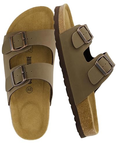 CUSHIONAIRE Lane Cork Footbed Sandals for Women – Comfortable Double Buckle Slip-On with Genuine Suede Footbed & Arch Support Slides for Women Footwear, BROWN 9.5