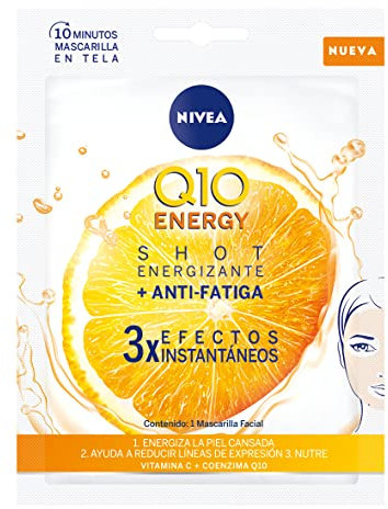 NIVEA Q10 Energy Mascarilla de Tejido con Vitamina C (1 ud) - Mascarilla Antiarrugas, 3 Efectos Instantáneos, Coenzima Q10, Vitaminas - Piel Seca, Mixta, Normal - 1 Unidad