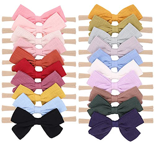 20 Stück Baby Mädchen Nylon Haarschleifen Stirnbänder Leinen Elastische Haarbänder Haar-Accessoires für Kinder Säuglinge Neugeborene