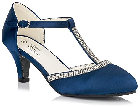 0150 Women's Satin Diamante T-Strap Low Kitten Heel Ankle Strap Bridal Wedding Special Occasion Mary Jane Court Shoes 3-8 (Navy Blue, Numeric_5)