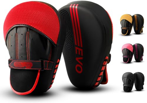EVO Fitness Curved Matte Black Boxing Pads Men focus Mitts Punching Women MMA Muay Thai Martial Arts KickBoxing Hook and jab Hand Target Strike Shield Training Pads (Red)