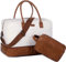 Sac de voyage en toile pour femme - Sac de week-end - Bagage à main avec compartiment à chaussures et trousse de toilette - HB-10, Blanc/beige