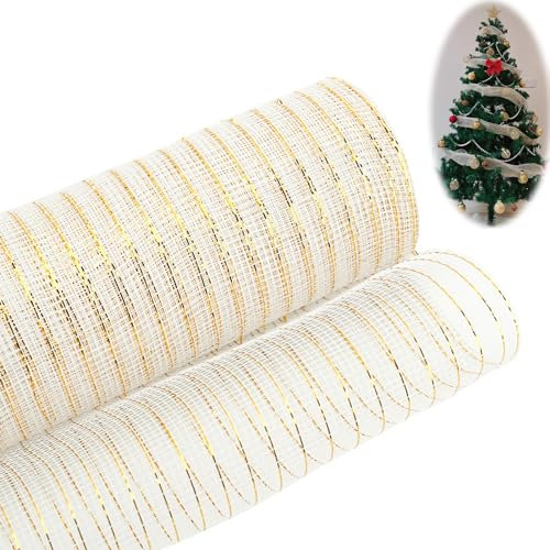 1 Pezzo di Decorazione per Albero di Natale, Nastro Natalizio Artigianale per Albero di Natale, Fiocco, Ghirlanda Pasquale, Decorazione per Festa di Nozze, 26 cm x 9,14 m, Bianco + Oro