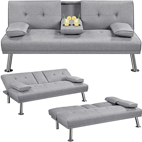 Yaheetech Sofa Bed Fabric Click Clack Sofa Bed with 2 Cup Holders, Convertible Futon Settee, Futon Recliner Lounge for Living Room, Spare Room, Bedroom, Light Gray