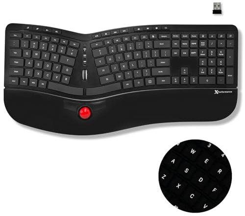 X9 Performance Tastiera ergonomica wireless con trackball, ricaricabile, retroilluminata, pulsanti del mouse integrati, tastiera divisa 2,4 G wireless per PC Windows e Chrome, soluzione di digitazione
