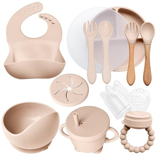 AYBABY Coffret Repas en Silicone pour Bébé (10 pièces) – Assiette & Bol Antidérapants avec Ventouse/Couverts (Fourchette et Cuillère) / Tasse Hermétique/Bavoir & Grignoteuse – Cadeau Naissance (Beige)