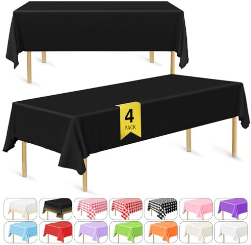 Bouiexye 4 Pack Disposable Table Cloth Black Plastic Tablecloth 54 x 108 Inch Rectangular Tablecloths for Indoor Outdoor Party Birthdays Weddings Christmas Anniversary Buffet Table