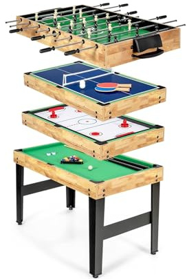 FCOUMY Mesa de Multijuegos 4 en 1, Mesa de Futbolín con Billar, Air Hockey y Tenis de Mesa para Sala de Juegos, Bares, Noche Familiar, Juego de Arcade Combinado con Accesorios
