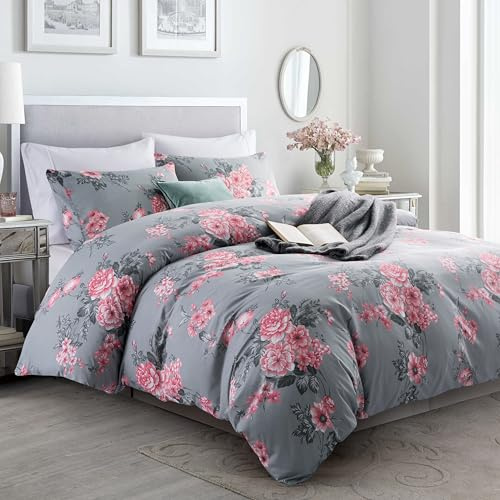 MOONLIGHT20015 Double Duvet Set Soft Printed Luxury Bedding Set Brushed Microfiber Duvet Cover with Pillowcases (Grey Bouquet 200x200 CM)