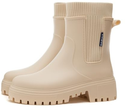AONETIGER Gummistiefel Damen Regenschuhe Wasserdicht Halbhoch Segelstiefel rutschfest Regenstiefel Bequem Chelsea Boots Mode Gartenschuhe (926 Beige,37EU)
