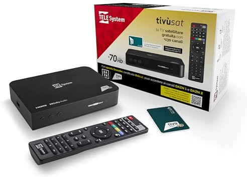 TELE System Décodeur Satellite TS9019HEVC, Carte à Puce Tivùsat Classic Incluse, certifié DAZN, Plus de 70 chaînes HD gratuites, Serie A sur DAZN1 et DAZN2, Mise à Jour Automatique des chaînes