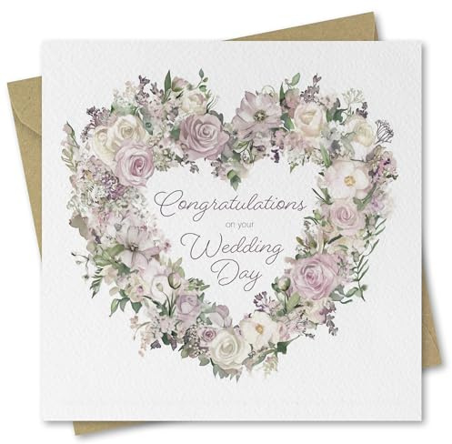 Wedding Card for Bride and Groom. Congratulations on your Wedding Day. Floral Wreath Design on Textured stock. 150x150mm. Supplied with Kraft envelope.