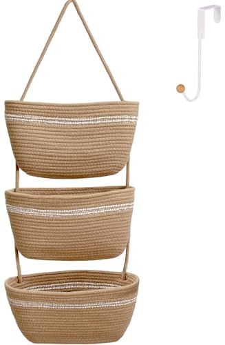 ililmmoe Panier suspendu au-dessus de la porte pour organiser 3 niveaux Corde en coton tissé Support mural Panier de rangement décoratif Cuisine Organisateur suspendu Salle de bain 1 crochet (Lin)
