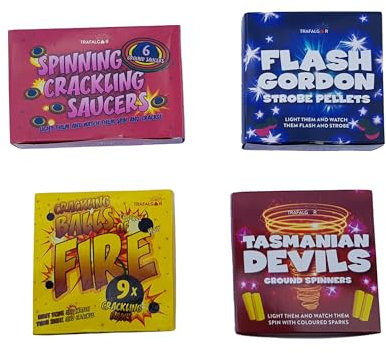 SpektaTek Firework Variety Pack – Crackling Balls, Strobe Pellets, Spinners & Saucers with 4 Ice Fountain Candles (4-in-1 Variety Pack – Crackling Balls, Strobe Pellets, Spinners & Saucers)