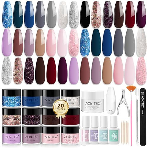 Aokitec 36PCS Dip Powder Nail Kit - 20+1 Colours Silver Black Pink Glitter Acrylic Dipping Powder Dip Liquid Set Base Activator Top Coat Brush Saver for French Nail Art Starter Nail Kit