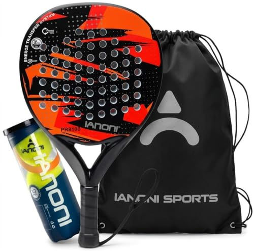 ianoni Padel Racket with Balls Carbon Fiber Surface with EVA Memory Flex Foam Core POP Padel Racquts-8100-red
