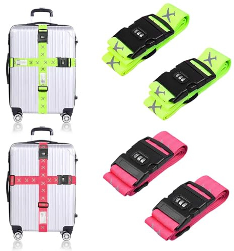Zyiphor 4 Stück Koffergurt mit Zahlenschloss,Kofferband Auffällig rutschfest Verstellbare,Personalisierter Gepäckgurte für Koffer mit Adressschild,Luggage Strap für Schnell erkennen Gepäck,Grün+Rosa