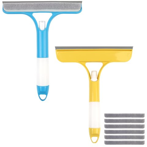2PCS Window Squeegee,3 in 1 Window Cleaning Scraper,Built-in Spray Bottle and 6 Replaceable Sponge Strips,Window Cleaning Equipment for Shower Glass,Kitchen,Car(Blue + Yellow)