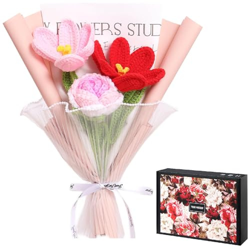 Lotvic Fiori all'uncinetto, rose rosa e tulipani, bouquet di fiori all'uncinetto, con confezione regalo, fiori all'uncinetto, per anniversari, festa della mamma, San Valentino, laurea