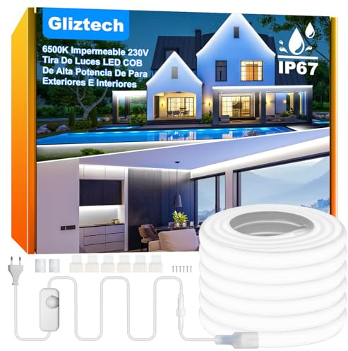 Striscia LED COB Esterno Impermeabile IP67 Spina Diretta, 20M Striscia Led 220V Luminosità per Esterni con Doppio Controller Fusibile, 6500K LED COB Bianca per Commerciali da Giardino e Patio