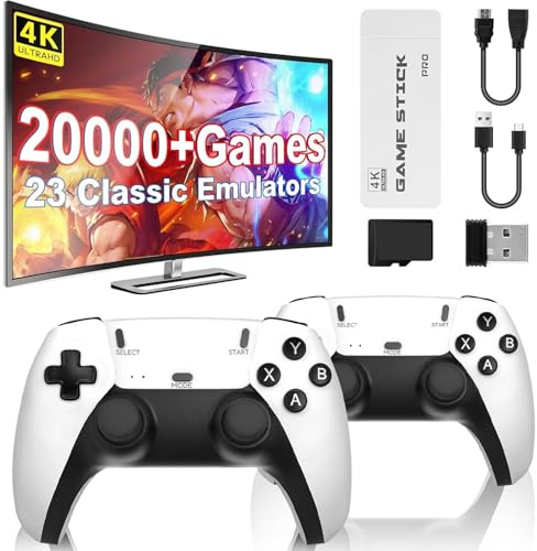 PZNETUE 2025 Retro Konsole Spielkonsole Game Stick, Retrolink 20,000+ Spiele mit 2 Wireless Controller, Retro Konsole Plug & Play Game Stick TV HDMI, Geschenk für Erwachsene & Familien (64G-Pro)