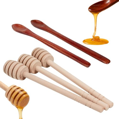 5 Piezas Cuchara Miel, 3 Agitadores de Miel y 2 Cuchara para Miel de Madera, Palitos Espirales para Recoger Miel con Mango Largo, Ideal para Té, Café, Pan, Postres y Cocina