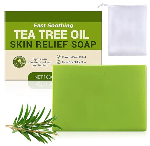 Sapone all'olio di tea tree, 1 pezzo con retina per la schiuma, sapone antifungino, contiene ingredienti come olio di tea tree e olio d'oliva, adatto al corpo