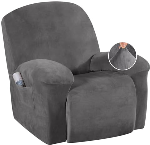 H.VERSAILTEX Velvet Recliner Chair Covers 1-Piece for Reclining Chair, Recliner Cover Feature Thick Luxury and Soft Fabric with Elastic Bottom, Anti-Slip Foams Attached (Grey, Large)